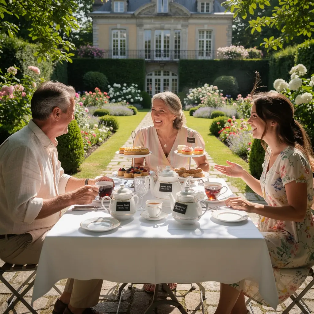 Une photo d'une dégustation de thé, montrant des personnes appréciant le goût fort et aromatique.